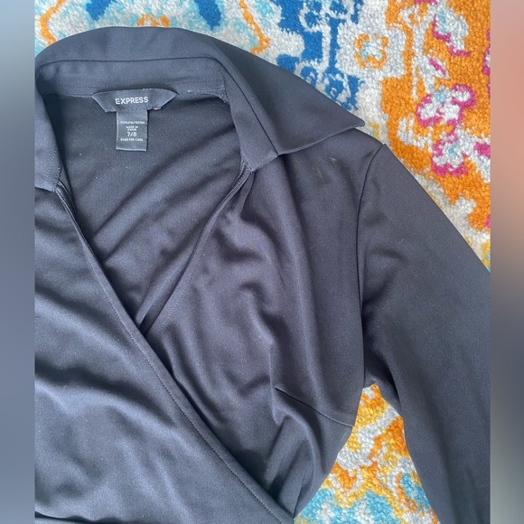 SOLD! Express Black Long Sleeve Collared V-Neck Tie Wrap Midi Dress 7/8 - Picture 11 of 16